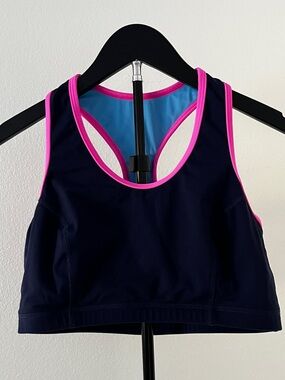 Women's High Support Navy Sports Bra with Pink Trim